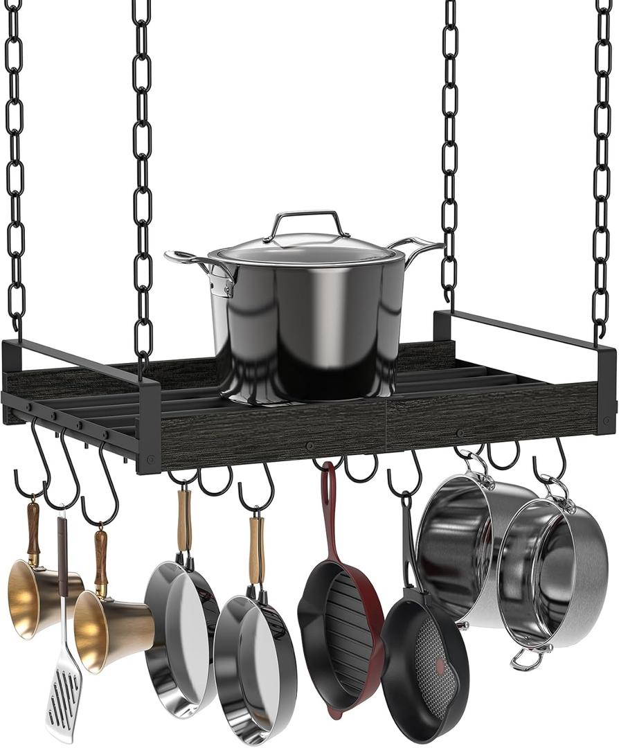 Creso hom Hanging Pot Rack, 24x13 Inches Pot Hangers for Kitchen, Pan Hanging Rack with 12 S-Shaped Hooks, Vintage Ceiling Mounted Pan Holder for Cookware Storage, Charcoal Grey (Greige and Black)
