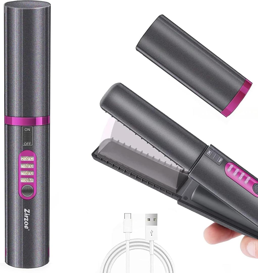 Cordless Hair Straighteners Curler 2 in 1,Zirzoe Portable Mini Hair Straighteners Ceramic 8 Inch, Anti-Scald 3-Level Travel Straightener, Heats Up Fast, Battery Rechargeable with Type-C, Grey