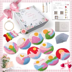 10PCS Punch Needle Coaster Kit, for Beginners, Children and Adultspunch Needle Embroidery Kit, Includes Pattern, Tools, Yarn, Hoop, Instructions