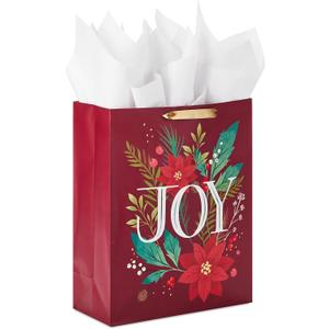 Hallmark 15" Extra Large Christmas Gift Bag with Tissue Paper (Dark Red with Poinsettia Flowers, "JOY") for Mom, Sister, Grandmother, Wife, Teacher, Boss