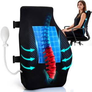 Adjustable Airbag Lumbar Support Pillow with Cooling Gel - Customizable Support for Upper Lower Back Pain Relief, Improves Posture, Memory Foam Back Cushion for Office Chair, Car/Truck Seat, Couch