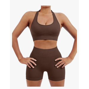 SUUKSESS Women Seamless Ribbed Workout Set Backless Sports Bra Booty Biker Short m