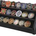 3 Rows Military Challenge Coin Holder Display Stand Rack Shelves, Solid Wood Display Case (Black Finish)