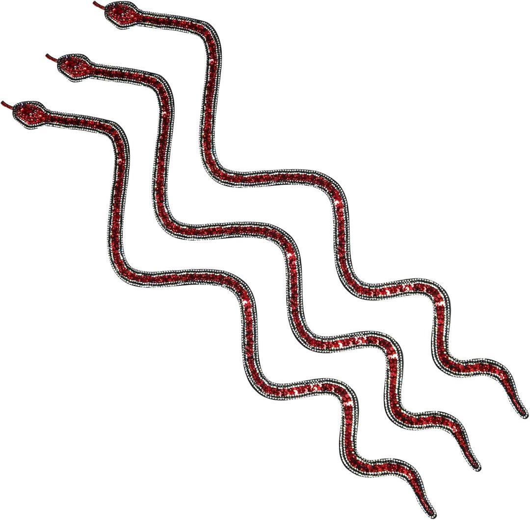3 Pack 38 inches Long Sparkle Rhinestones and Sequin Red Snake Shaped Patches Applique Trim Ribbon for Outfit,Halloween Super Star Costume