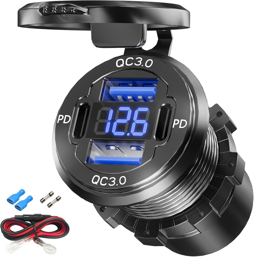 Dual PD USB C Ports & Dual Quick Charge 3.0 Ports Car Charger Socket, VANONE Aluminum Alloy Waterproof 12V USB Outlet, Accessories for Car Boat Marine Motorcycle RV ATV Truck Golf Cart