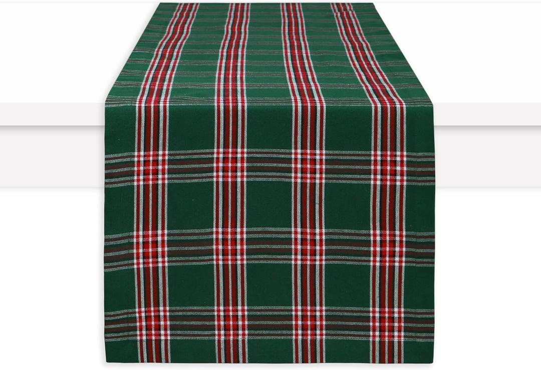 PurpleEssences Tartan Plaid Table Runner Classic Farmhouse 100% Cotton Checkered Table Runner for Spring Easter Summer Table Decor - 14 x 72 inch - Green