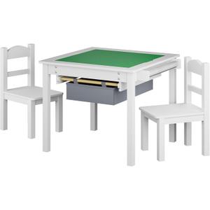 Treocho Wooden Kids Table and Chair Set with Reversible Tabletop, 2 In 1 Toddler Desk with Storage Drawers, Kids Activity Table with Blocks Building Baseplate for Playing, Reading, Drawing, White