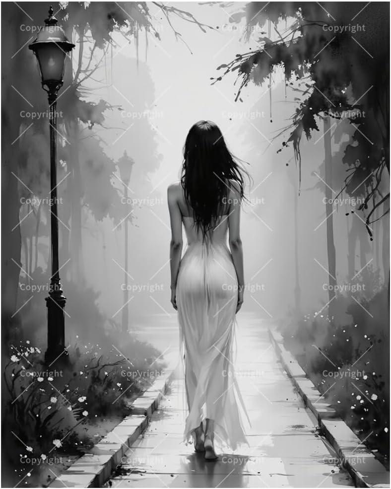 Black and White Paint by Numbers Kit for Adults - DIY Woman Walking in Foggy Forest Path Painting on Canvas 16x20 Inches, Acrylic Paint Set, Suitable for Beginners, Moody Art for Decoration