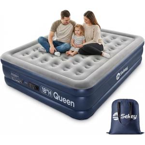 Sekey Queen Air Mattress with Built-in Pump, 18" Raised Inflatable Bed with Anti-Deflation Technology, Odorless & Puncture Resistant Blow Up Mattress for Home Guests & Travel, 660 lbs Capacity