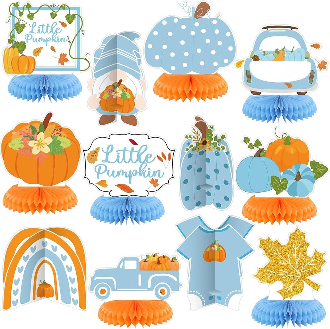 Liliful 12 Pcs Thanksgiving Little Pumpkin Baby Shower Decorations Honeycomb Table Centerpieces Fall Pumpkin Gender Reveal Party Decor for Girl Boy Table Autumn Birthday Party Supplies(Blue)