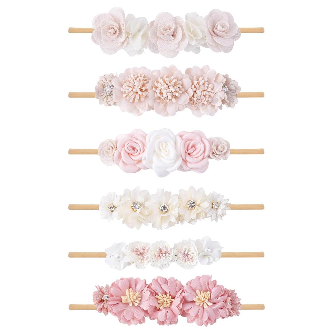 OOSAKU Baby Girl Flower Headbands Set Elastic Floral Headbands 6pcs Soft Nylon Hair Band for Newborn Toddler Hair Accessories