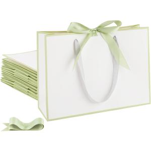 STOBOCTER 25 Pcs Paper Gift Bags with Handles 12.6''x4''x9.1'' Thank You 5 Senses Gift Bags with Bow Ribbon for Wedding Bridesmaid Father's Day Graduation Housewarming Birthday(White, Sage Green)