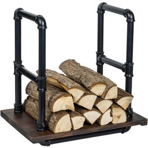 MyGift Modern Industrial Firewood Rack with Matte Black Metal Pipe Rails and Rustic Burnt Solid Wood Base, Compact Freestanding Fireplace Fire Starter Kindling Split Log Holder