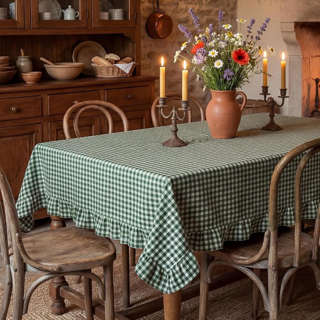Mindsoft Green Gingham Ruffled Tablecloth 70 x 52 Inches Rectangle Cotton Linen Checkered Table Cloth Buffalo Plaid Farmhouse Vintage Decorative Tablecover for Picnic Kitchen Dining Room Home Party