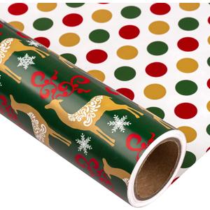 MAYPLUSS Christmas Reversible Wrapping Paper - Mini Roll - 17 Inch X 32.8 Feet - Gold Elk & Polka dots Pattern (47.3 sq.ft.ttl) (Green)