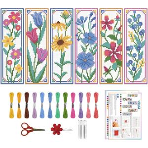 ORIGACH 6 Pcs Flower Cross Stitch Bookmark Kit for Beginner with Backing Felt Floss Instruction Sunflowers Tulip DIY Stamped Embroidery Bookmark Kit for Starter Adults Book Lovers