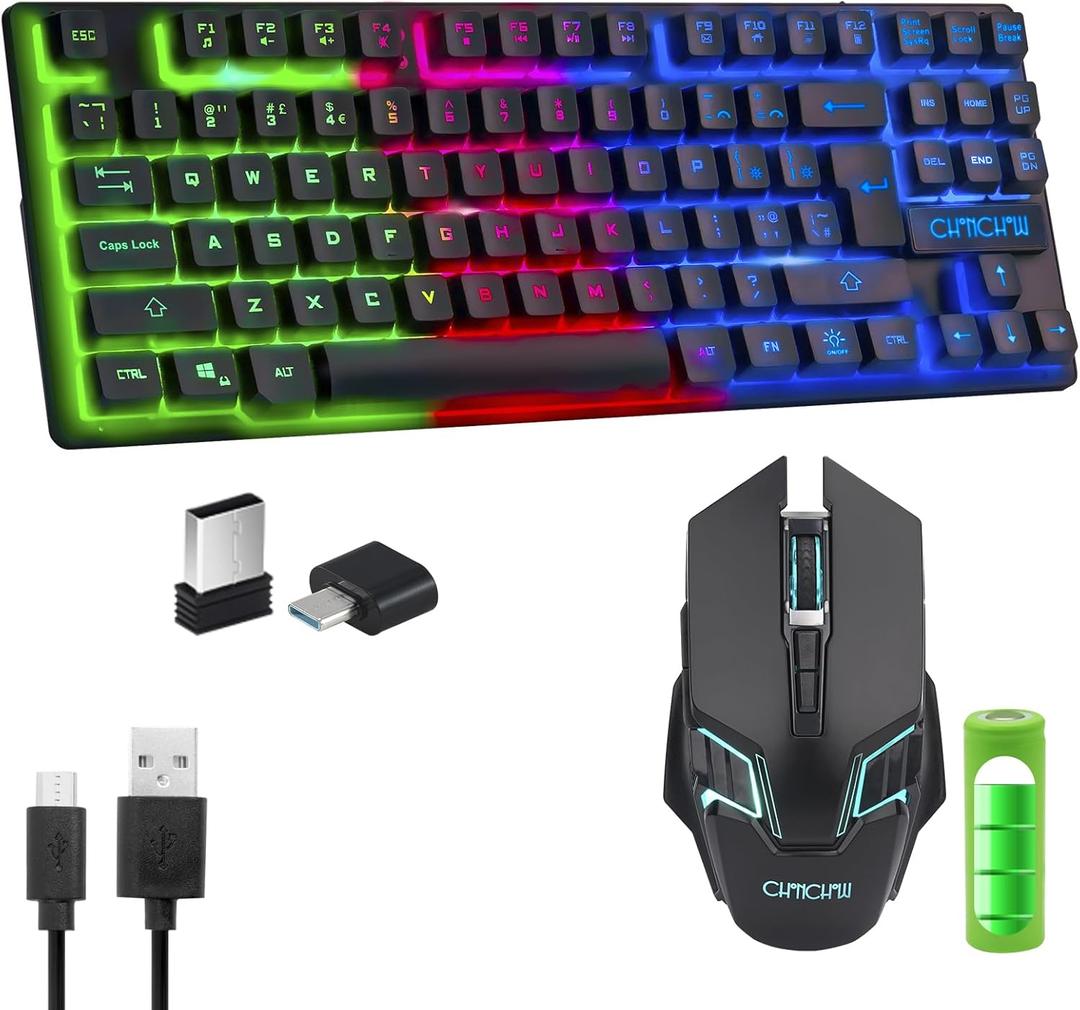 Gaming Wireless TKL Keyboard Mouse Combo Rechargeable LED Backlit Tenkeyless Compact 87 Keys 6 Button for Computer Laptop PS4 PS5 Switch Compatible with Windows XP/7/8/10 iMac MacBook Xbox one X