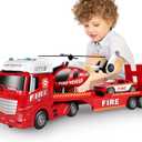 Dwi Dowellin 25.6" Semi Truck Toy with Racing Car and Helicopter for Kids Toddlers - Fire Toys,Birthday Gifts for Boy Toddler Child 2 3 4 5 6 Years Old