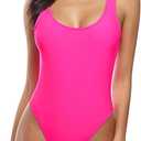 MIAIULIA Women's Retro 80s/90s Inspired High Cut Low Back Padding One Piece Swimwear Bathing Suits (Medium, Hot Pink With Padding)