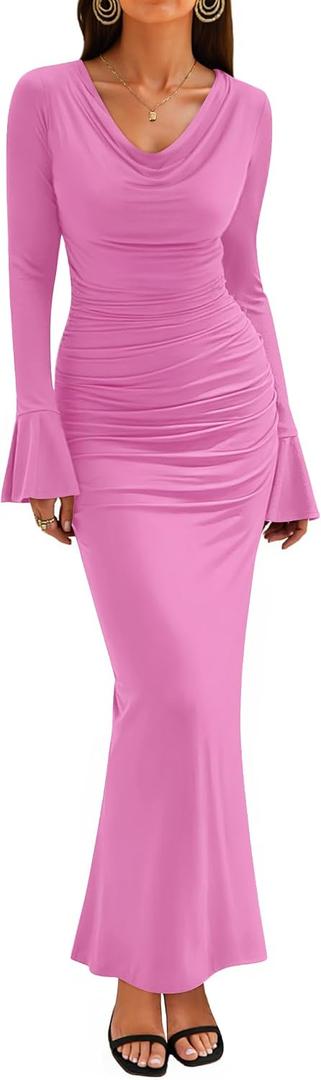 ZESICA Women's 2026 Fall Long Sleeve Ruched Knit Bodycon Maxi Dress Cowl Neck Back Slit Formal Wedding Guest Cocktail Dresses (Pink, S)