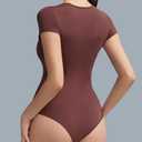 Mobeso Women's Round Neck Short Sleeve Bodysuit Double-Lined Body Suits Basic T-Shirt Tops for Women Cocoa M (Brown, M)