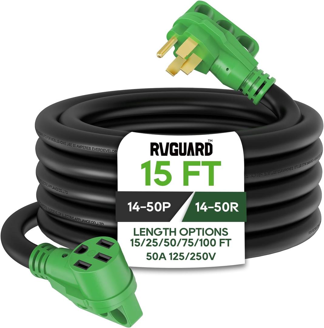 RVGUARD 50 Amp 15 Foot RV/EV Extension Cord, NEMA 14-50P/R Heavy Duty Extension Cord with LED Power Indicator and Cord Organizer, Green, ETL Listed