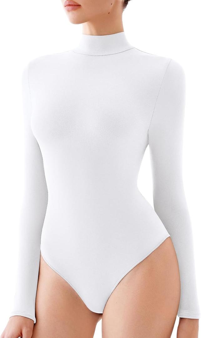 REORIA Women's Turtle Neck Long Sleeve Bodysuits Basic Slim Fit Double Lined Layering Tops for Fall & Winter (Medium, White)