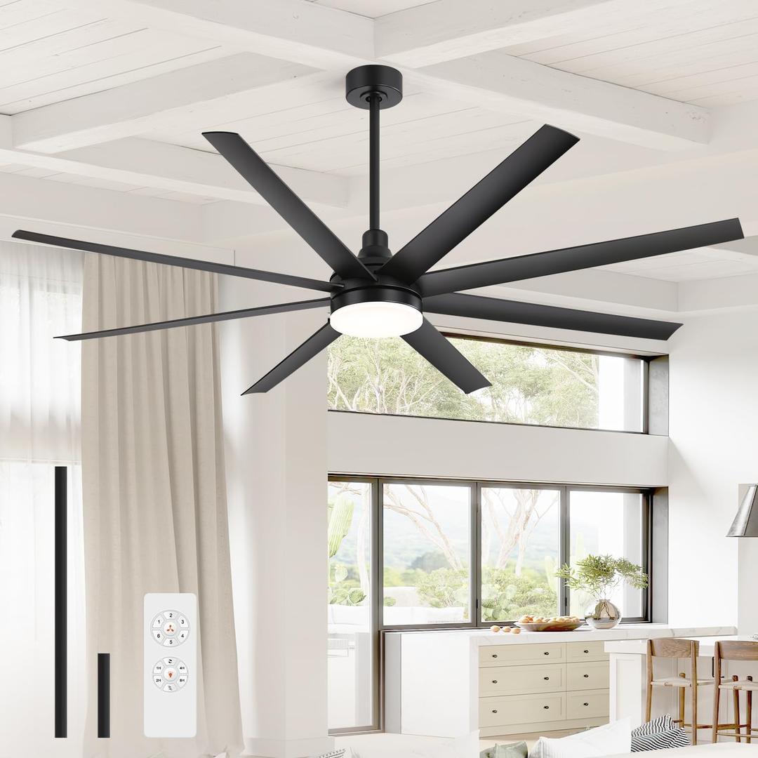 72 inch Ceiling Fans with Lights and Remote, 8 Reversible Blades, 6-Speed Quiet DC Motor, Timer, 3 Color LED Light, 2 Downrods, Industrial Black Indoor Ceiling Fan Fandeliers for Bedroom Living Room