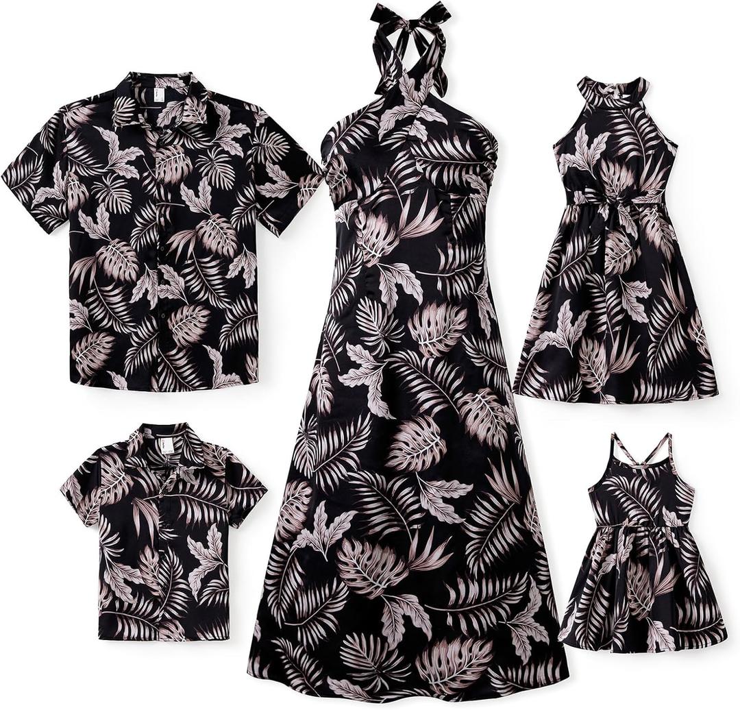 PATPAT Family Matching Summer Outfits, Hawaiian Vacation Women Beach Dress, Girls Sundress, Men and Boys Button Down Shirt (Medium, Black Floral)