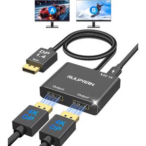 4K@60Hz DisplayPort to Dual DisplayPort Splitter Adapter, Display Port Splitter for Dual Monitors, DP 1.4 Splitter 1 in 2 Out, Displayport MST Hub for PC, Graphics Card, NVIDIA, AMD