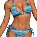 ZAFUL Women's Triangle String Bikini Set Boho Tie Side Two Piece Swimsuit Straps Halter Beads Bathing Suit (Blue), S