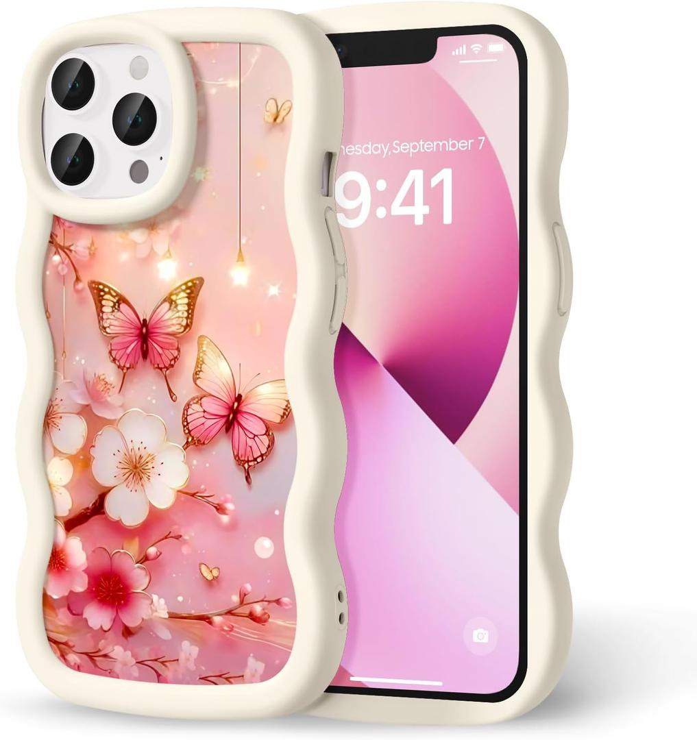 Compatible with iPhone 13 Pro Case for Women Girls, Curly Wavy Frame with Cute Pattern, Aesthetic Slim Soft Silicone TPU Bumper Shockproof Phone Case for iPhone 13 Pro - Cherry Butterfly