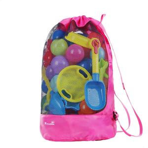 EocuSun Large Mesh Beach Bag Tote Durable Sand Away Drawstring Beach Backpack Swim and Pool Toys Balls Storage Bags Packs, Stay Away from Sand and Water, Toy Not Included (Hot Pink)