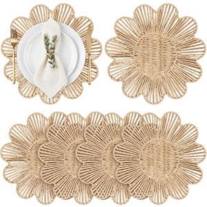 4 Pcs 12.6 Inch Paper Rope Round Woven Flower Placemats, Natural Hand Woven Boho Farmhouse Rattan Table Mats, Wicker Braided Placemats, for Dining Table Decor, Wedding Party, Home & Kitchen