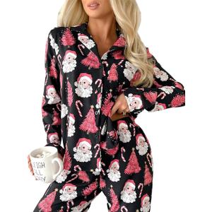 Ecosunny Valentines Day Pajama Set Women's Long Sleeve Sleepwear Soft Loungewear Two Piece Button Down Pjs Lounge Set (Large, Black)