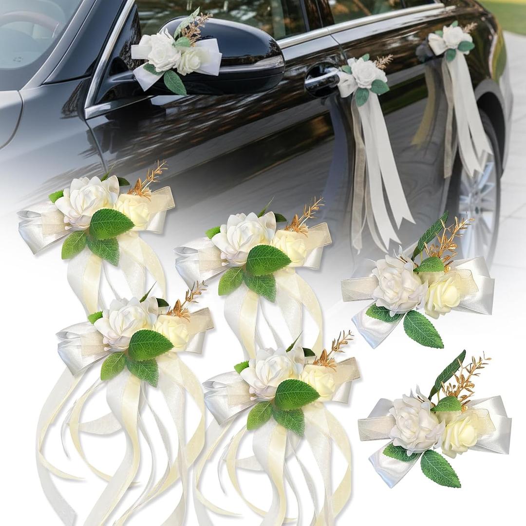 6 Pcs Ivory & White Rose Wedding Car Decoration Kit Bouquet Door Handle & Rearview Mirror Flowers with Satin Ribbon Bows, Gold Leaf, Artificial Floral for Just Married Car Decor (White)