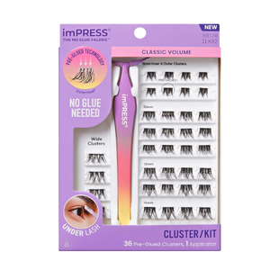 KISS imPRESS Falsies Self Adhesive Eyelashes, Press On Lashes, 12mm14mm Glam Volume Lashes, Black, No Glue Needed, Invisible Band, 36 Lash Clusters & NonStick Applicator  Voluminous