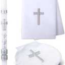 Lyrow 3 Pcs Baptism Candle Set for Boys and Girls Baptism Kit Include Baptismal Candle, Towel, Shell for Kids Christenings Favor (Silver)