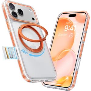 TORRAS 360 Magnetic Stand for iPhone 17 Pro Max Case, [Fit for MagSafe] [4X MilitaryGrade Protection] Slim Case for iPhone 17 Pro Max 6.9" 2025, Clear-Orange, Ostand O3 Fitness Series