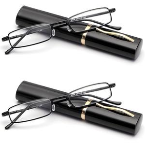Viseng Slim Mini Metal Reading Glasses Compact Lightweight Portable Readers with Glasses Case for Reading Case,Black+Black+2.0