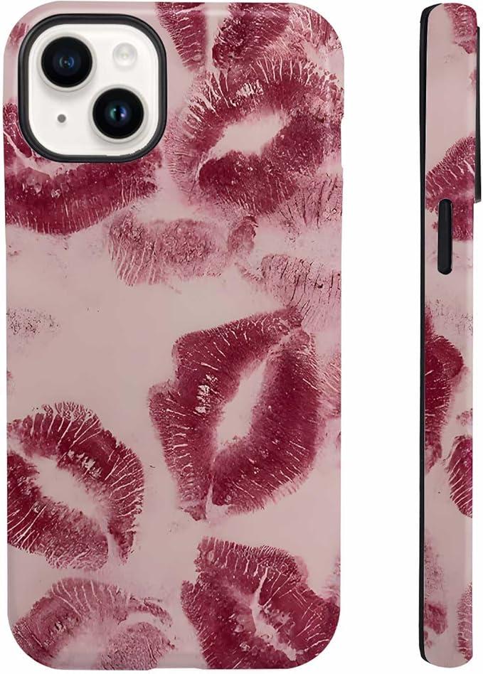 Cute Red Lip Print Kiss Marks Aesthetic Phone Case for iPhone 14/13 (6.1"), Shockproof Soft TPU & Hard PC Hybrid 2-Layer Protective Phone Cover for Teen Girls Women