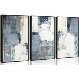 Wavkkey 3Pcs Navy Blue Abstract Wall Art Modern Minimalist Neutral Blue White Grey Abstract Poster Painting Picture Wall Decor Canvas Print Artwork for Living Room Bedroom Home Decoration Unframed