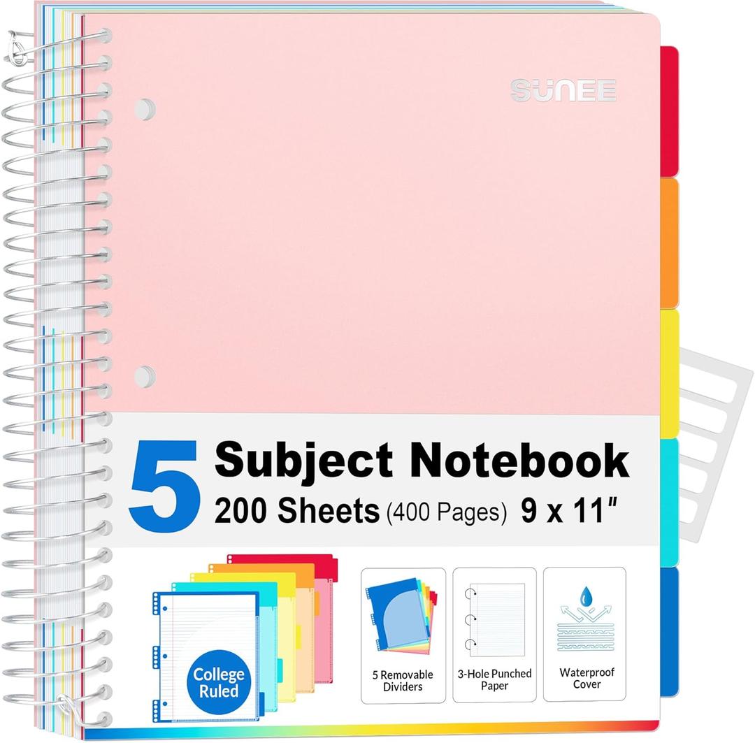 SUNEE 5 Subject Notebook College Ruled - 400 Pages, 9"x11", 5 Pocket Colored Dividers, 3-Hole Punched Paper, Pink