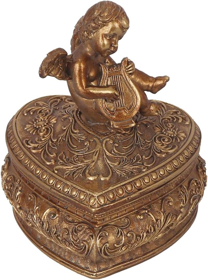 Vintage Box Antique Trinket Organizer Rings Earrings Storage Gilded Heart Shape Box With Sophisticated Floral Decor And Cherub Figurine Playing The Harp Lid Keepsake Gift (Antique Gold-Heart)
