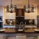 12.6'' Farmhouse Chandeliers for Dining Room, 3-Light Industrial Metal Hanging Light Fixture, Rustic Drum Pendant Light for Entryway Kitchen Foyer Bedroom, Black with Retro Wood Texture Interior
