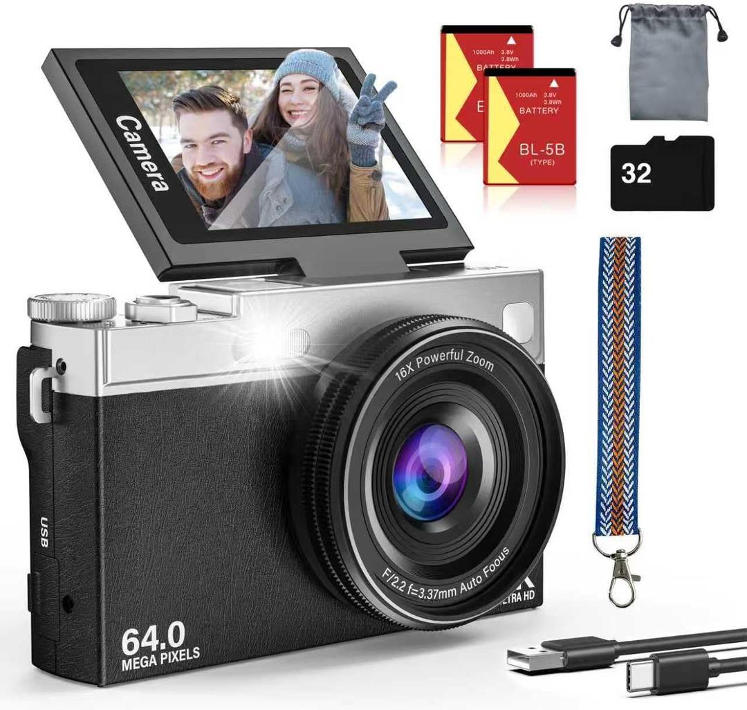 2025 New 4K Digital Camera for Photography and Vlogging, 64MP & 2.88" 180 Flip Screen Travel Cameras with 16X Zoom, 32GB SD Card, 2 Batteries, Anti-Shake, Perfect for Teens and Beginners (Black)