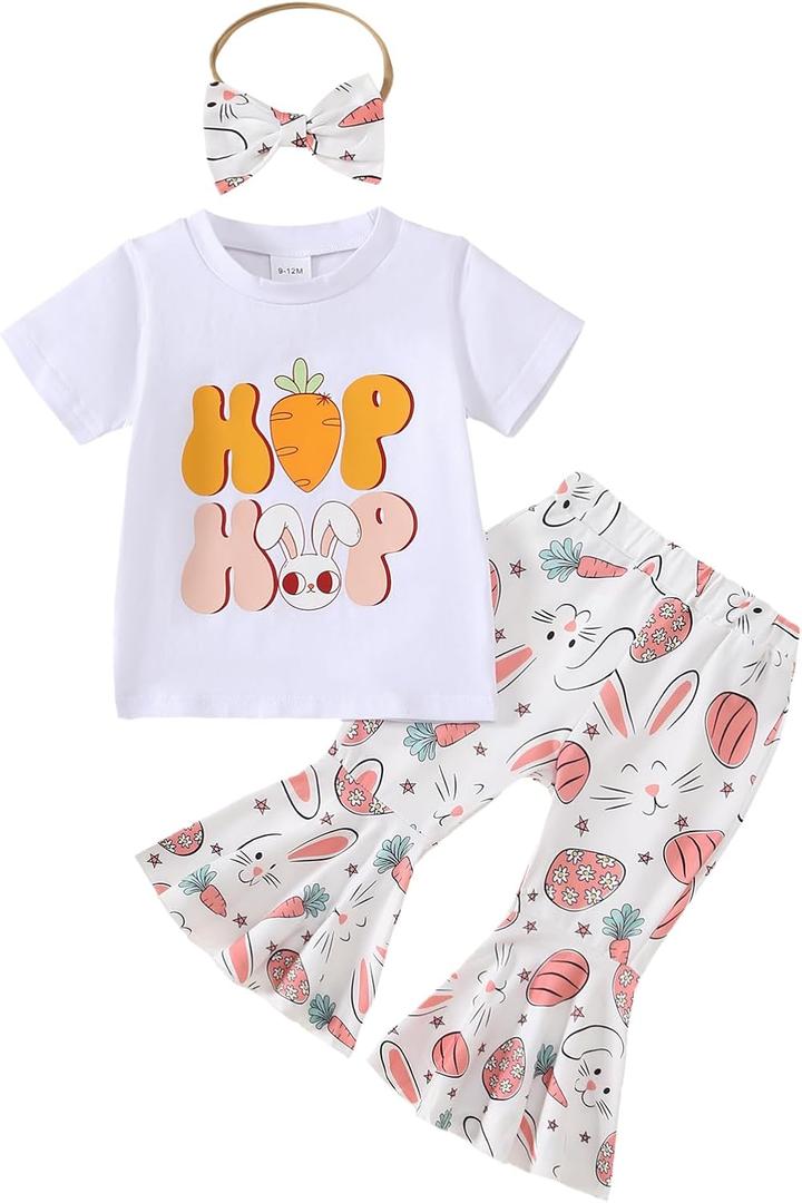 Toddler Girl Easter Bunny Outfits Kid Girls Hangin with My Peeps Bell Bottom Pants Set 2Pcs Summer Clothes