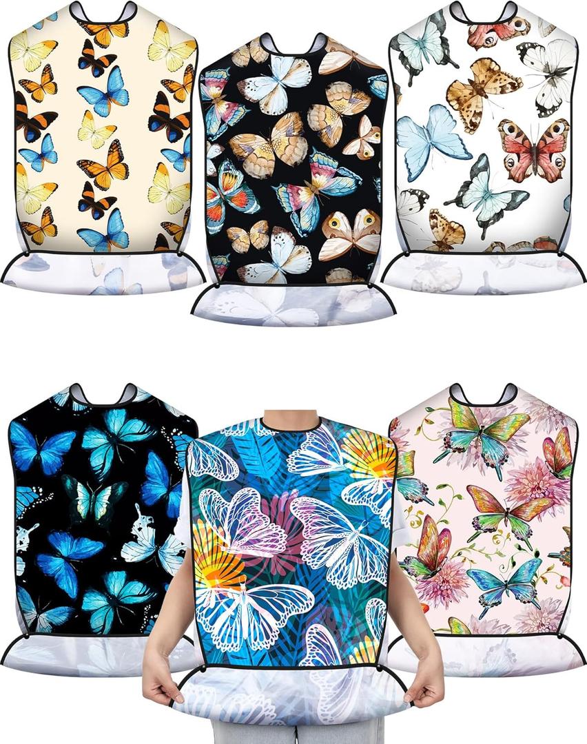Eurzom 6 Pack Adult Bibs for Elderly Women Men, Reusable Adult Bibs for Eating with Optional Crumb Catcher Clothing Protector (Classic Pattern)