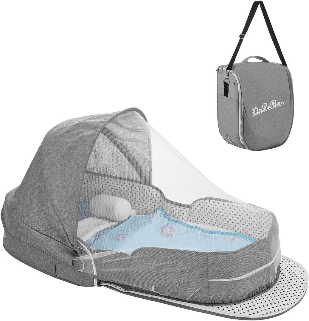 Baby Travel Bassinet Portable Bassinets, Foldable Converts to Backpack for Travel, Lightweight Travel Baby Lounger with 2-1 Mosquito & Canopy (Gray)