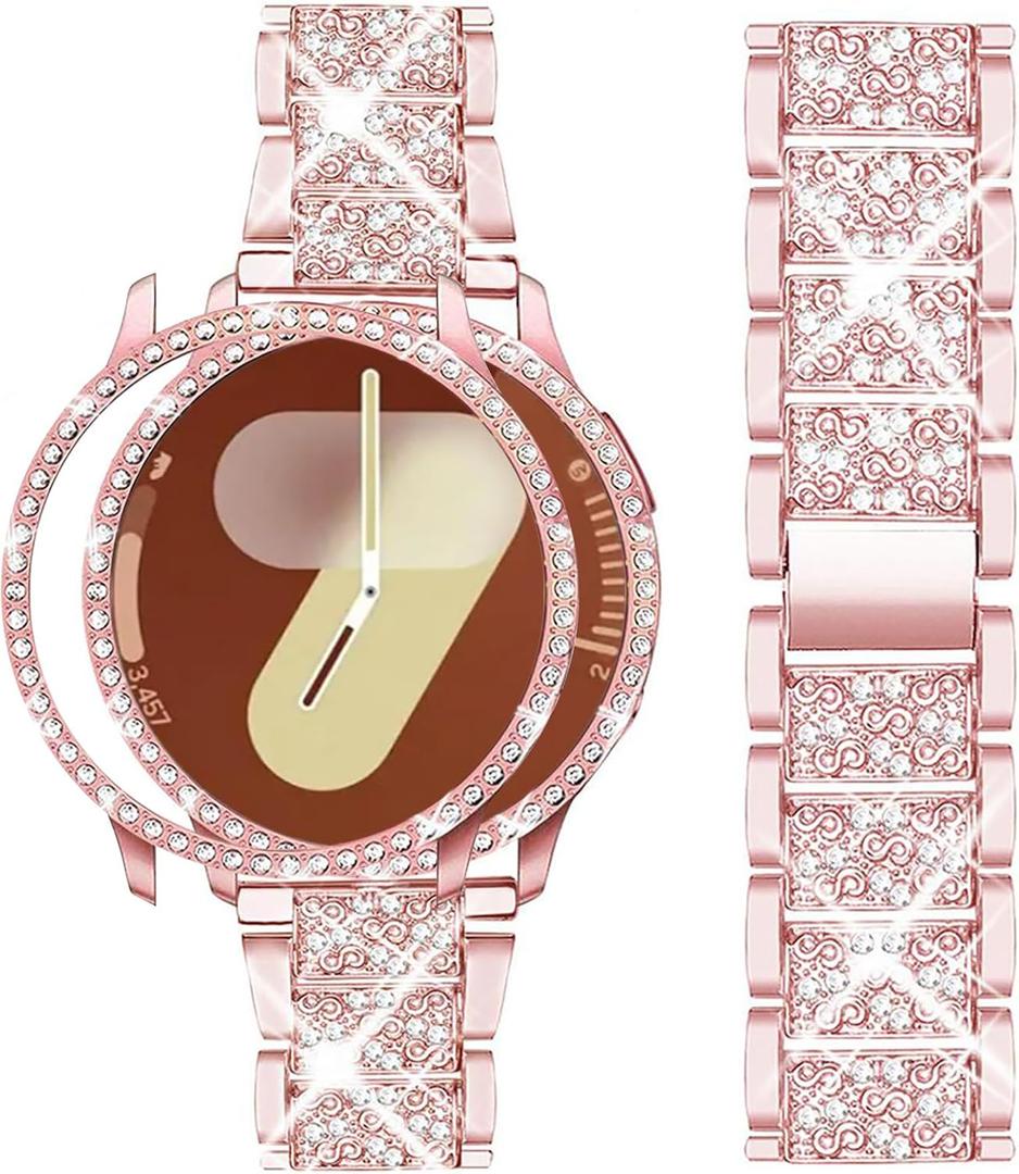 Mosonio Compatible with Samsung Galaxy Watch 8/7/6 Bands 40mm/44mm, 20mm Bling Metal Bands with Bling Protective Cover Case for Women, Shiny Watch Replacement Strap for Daily Wear (Rose Pink)